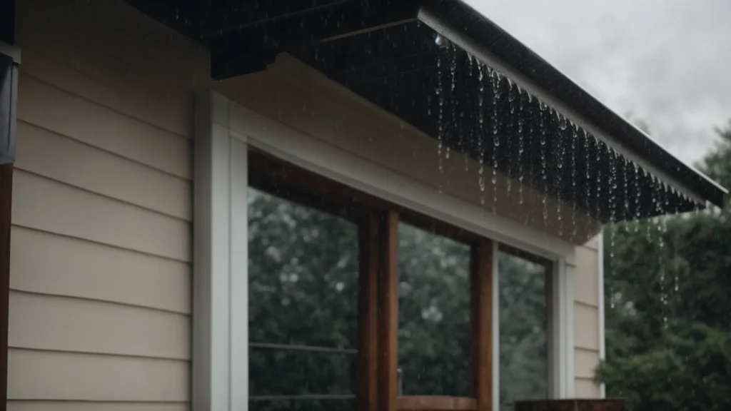 rain pours down from a roof, streaming smoothly through a clean rain gutter.