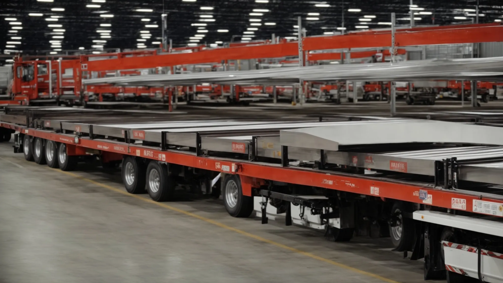 Row of sturdy flatbed trailers in a distribution yard supporting business operations