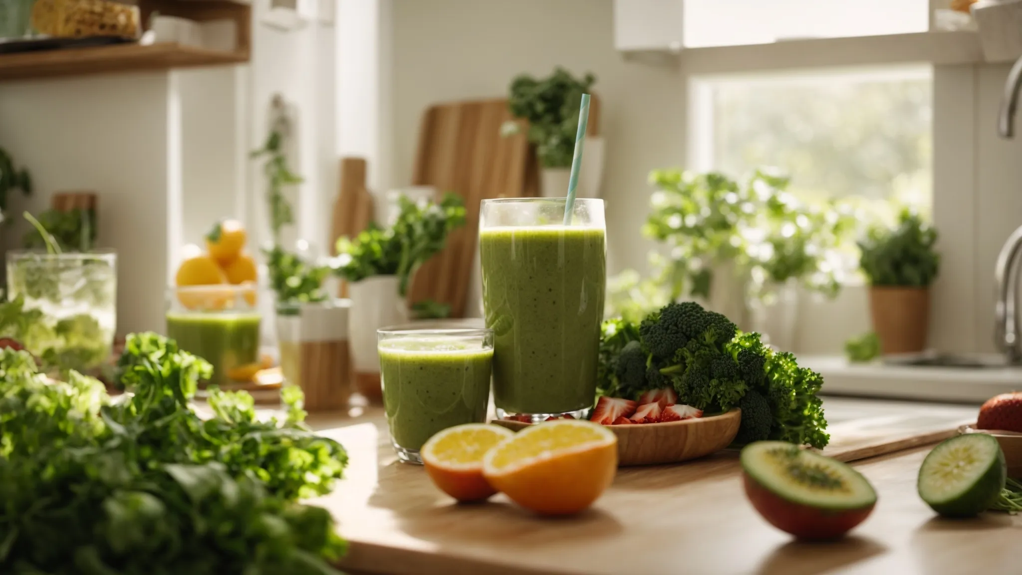 Person happily sipping green smoothie and fresh ingredients for gut health supplements.