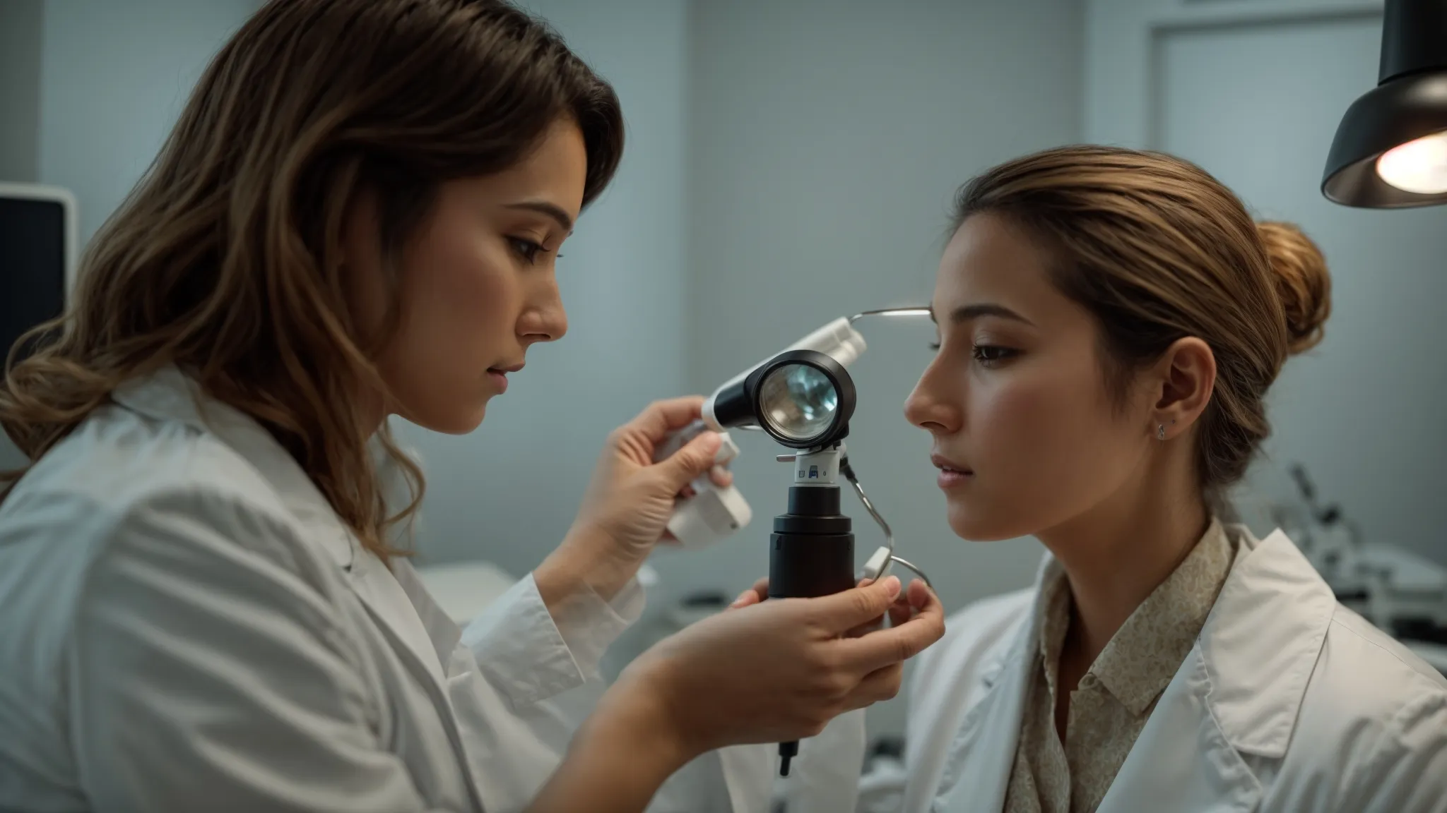 Dermatologist examining patient’s facial skin with a dermatoscope.