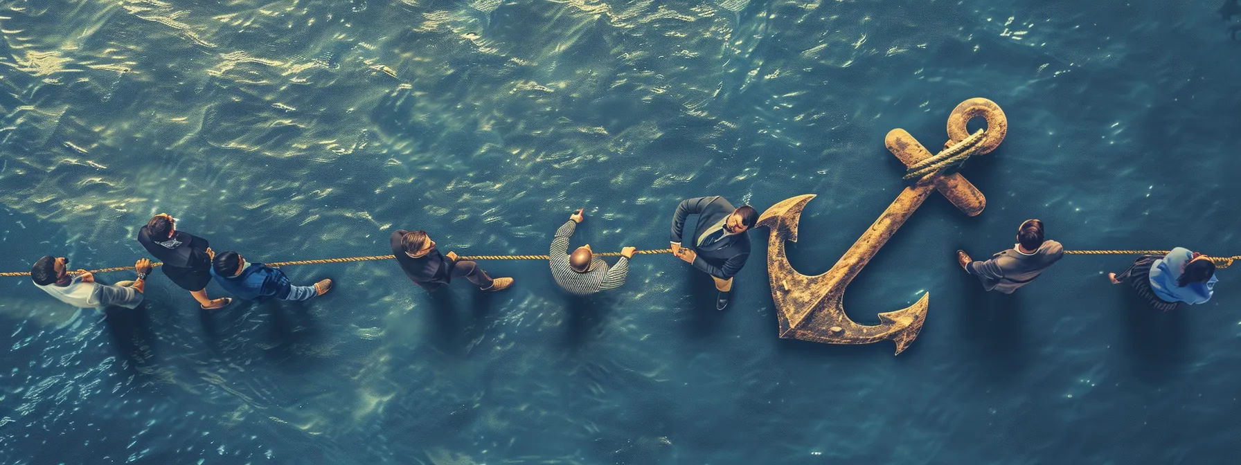 a group of professionals working together, each tied to an anchor symbolizing their reliance on the concept of "none" for streamlined workflow efficiency.