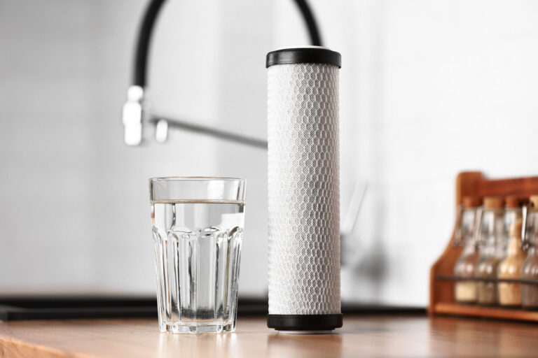 Glass of clean water and carbon filter for industrial reverse osmosis systems