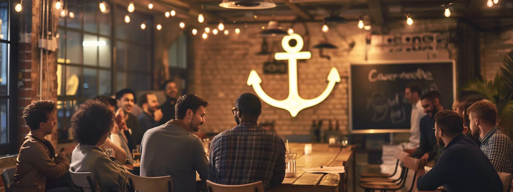 a group of professionals gathered around a large anchor symbol, engaged in a lively discussion about integrating "none" into their workflow.