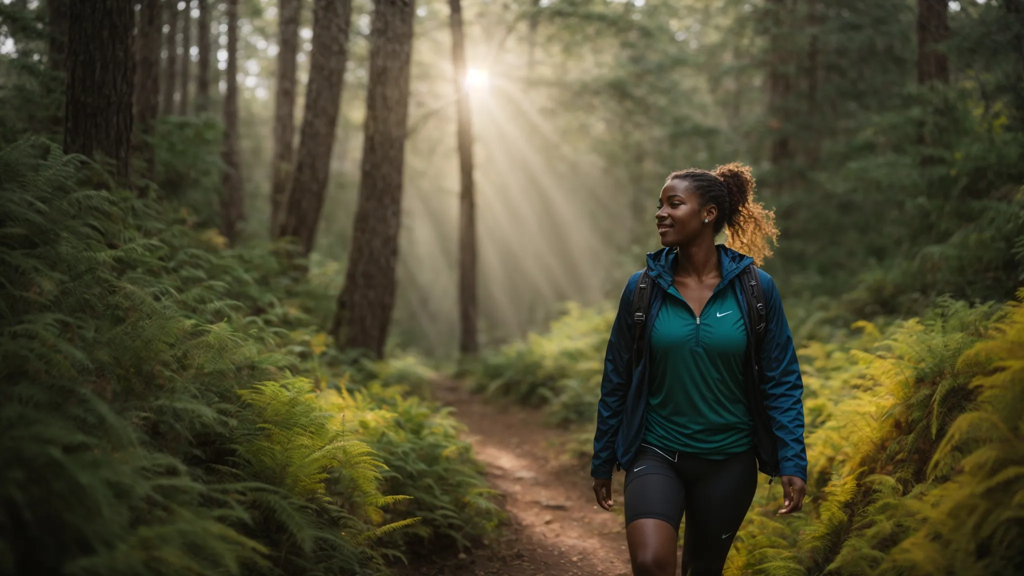 Woman hiking in forest, embodying holistic wellness and natural health solutions.