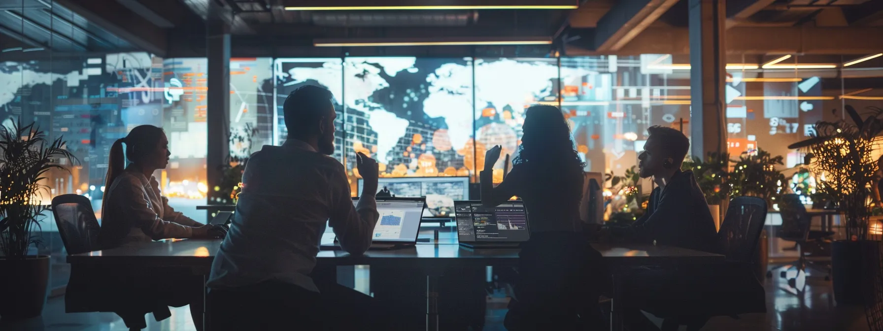 a dynamic digital marketing team collaborates in a modern office, surrounded by screens displaying growth metrics and creative strategies.